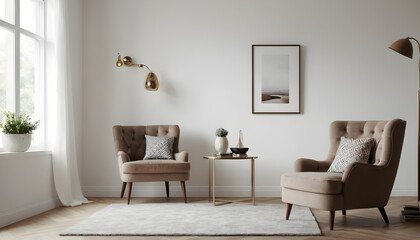 Sleek living room featuring elegant armchairs, modern decor details, and a peaceful wall art for a refined and serene ambiance