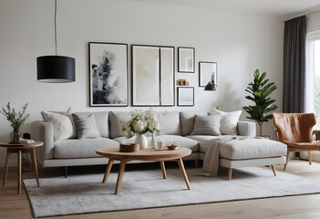 Stylish and modern living room with neutral tones, chic furniture, wall art, and green plant accents