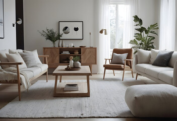 Modern and chic living room with cozy wooden furniture, soft textiles, and elegant decor in a neutral color scheme