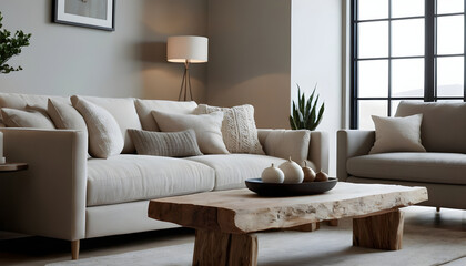 Cozy living space featuring a plush beige sofa, rustic wood coffee table, and decorative elements, with a neutral color palette