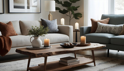 Elegant and warm living room design featuring a wooden coffee table, candles, potted plant, and comfortable sofas with decorative pillows