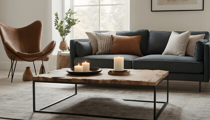 Stylish and modern living room design with a cozy couch, chic wooden coffee table, and ambient decorative candles