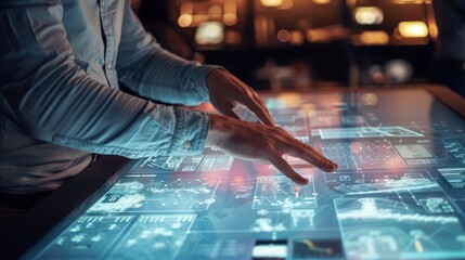 Exploring detailed consumer journey maps and data visualizations on an interactive touch table by a business analyst. Consumer insights