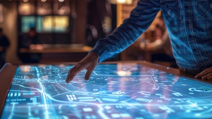 Business analyst using an interactive touch table to explore detailed consumer journey maps and data visualizations in a modern setting. Consumer insights