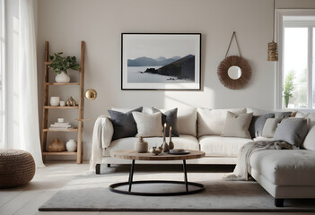 Serene living room design with plush sofa, wooden furniture, and decorative plants bathed in natural sunlight from large windows