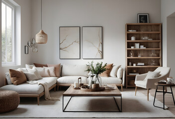 Elegant modern living room with beige sofa, wooden furniture, framed art, and decorative plants, showcasing a comfortable and stylish interior design