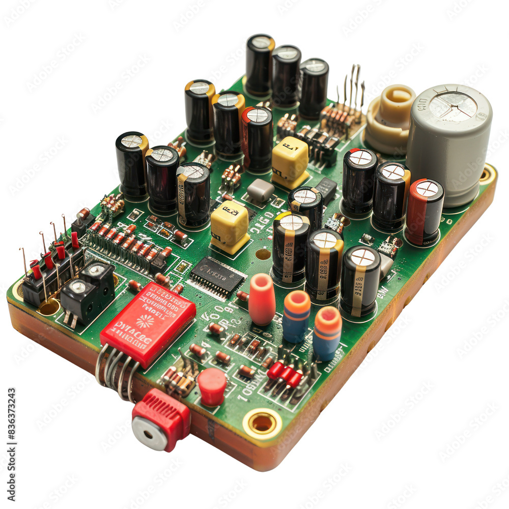 Poster close-up of an electronic circuit board with multiple components, illustrating technology and engine