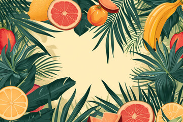 tropical-themed background with palm trees and exotic fruits.  