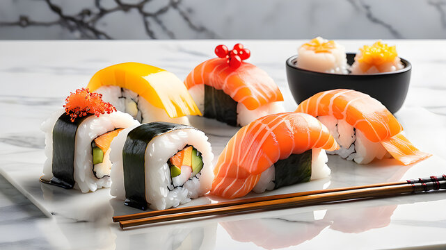 Tamago nigiri with hashi and vasabi isolated on white marble. Generative AI