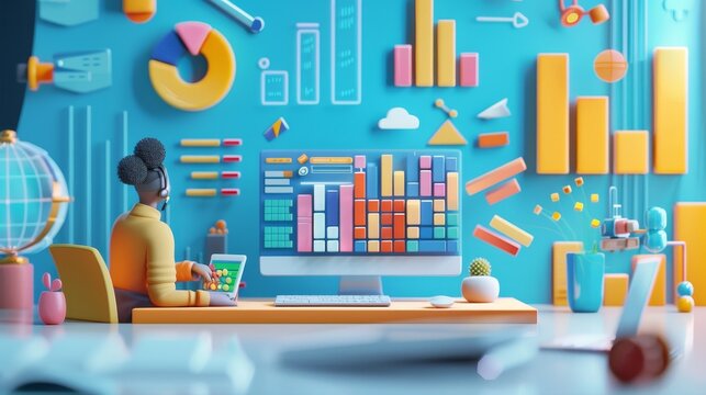 Cinematic 3D scene of a marketer analyzing local business data affecting search rankings, high resolution, space for text above