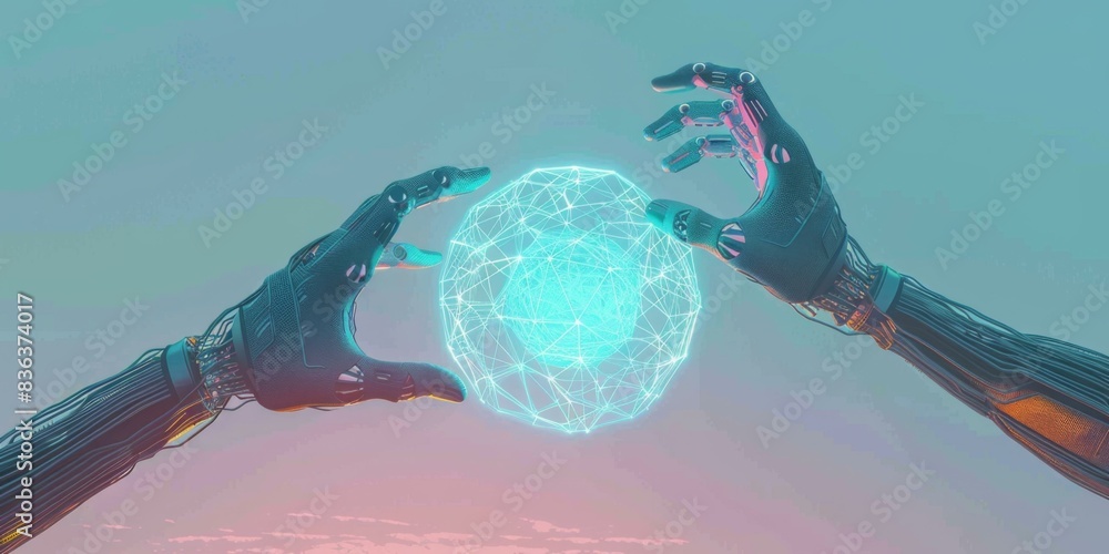 Poster two hands holding a glowing sphere with an abstract pattern. ai.