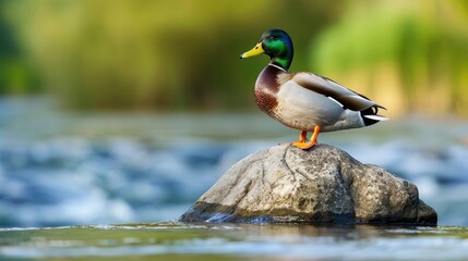 A wild mallard perches on a rock in the river during the summer season