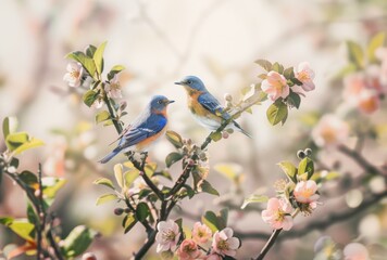 Obraz premium Two birds perched on a branch of flowers with pink blossoms. AI.