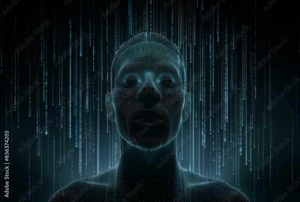 Poster a digital image of a man's face with dots and lines. ai.