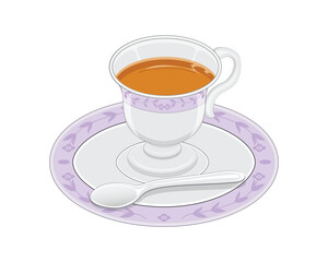 vector design of a white saucer or cup containing tea with carvings of flowers and small leaves in light purple as well as a small plate as a base and there is a teaspoon at the bottom