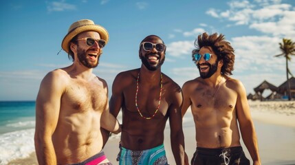 multiracial group of men of different body sizes having fun walking on the beach during summer vacation