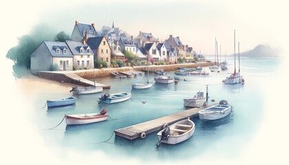 Fototapeta premium Watercolor Painting of a Coastal Town with Boats