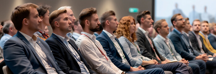 corporate training seminar in a workshop auditorium with employees engaged in a lecture. Ideal for business training resources, corporate development initiatives, HR presentations, side view