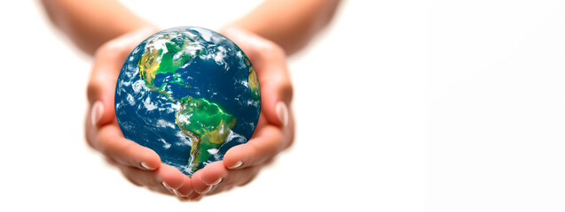 Earth in hands close-up, representing global responsibility and environmental care,concept for sustainability campaigns and ecological conservation efforts,on a white background with space copy
