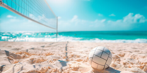 Beach volleyball court with ball on sandy beach, net, and blue sky. Ideal for travel blogs,summer vacation marketing, and sports event promotions, featuring ample copy space for additional information