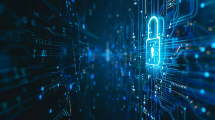 Obraz premium Illustration of cybersecurity concept highlighting user privacy security and encryption for secure internet access. Futuristic theme with a screen padlock symbol. 
