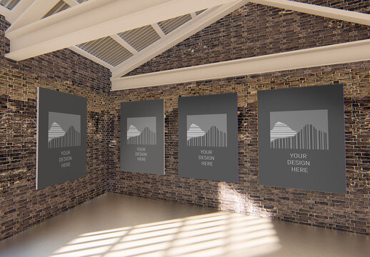 Industrial Exhibition Black Brick Gallery Mockup with 4 Vertical Image Placeholders
