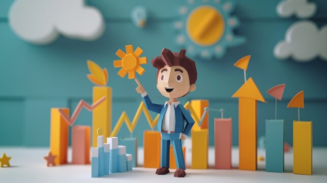 cute paper cut style illustration, happy businessman with graph and chart as background , kid future dream career concept