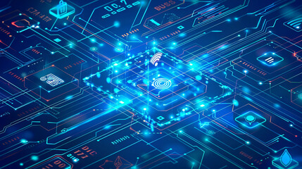 Fototapeta premium Illustration showcasing cybersecurity elements such as antivirus alerts firewall protection and technology safeguards.