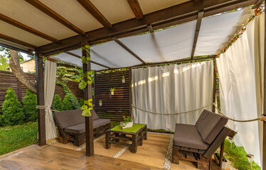 Garden terrace, resting place, flowers, wooden pergola