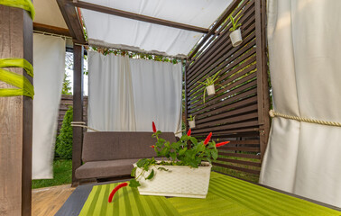 Garden terrace, resting place, flowers, wooden pergola