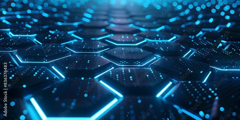 Poster abstract background with dark blue and glowing hexagons, creating an elegant and futuristic design