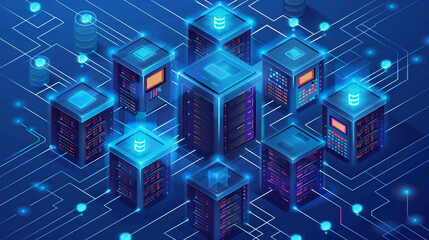 Isometric  illustration depicting network data security showcasing an online server protection system concept with a datacenter or blockchain 