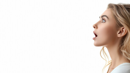 Close up profile of a young Caucasian woman with mouth open wide, shouting. Isolated on white, copy space, aspect ratio 16:9
