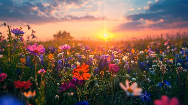 A breathtaking sunrise over a field of wildflowers, with the sun casting a warm glow over the colorful blooms