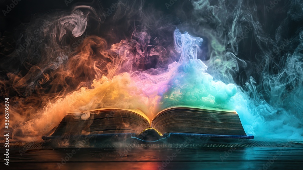 Wall mural open magic knowledge book bursting with colorful smoke fume, on black wooden table background for ov - Wall murals