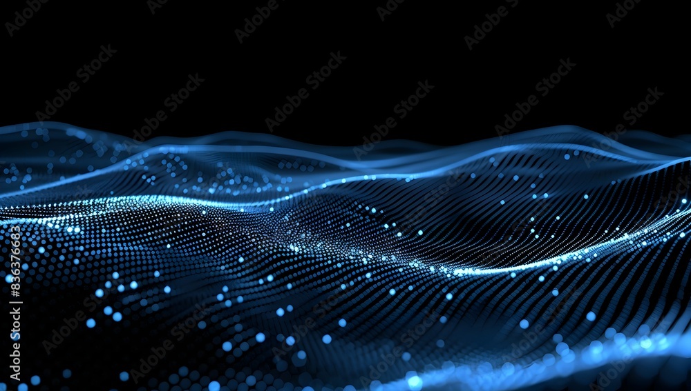 Poster abstract blue wave background with dots and lines, glowing effect on dark black backdrop for design 