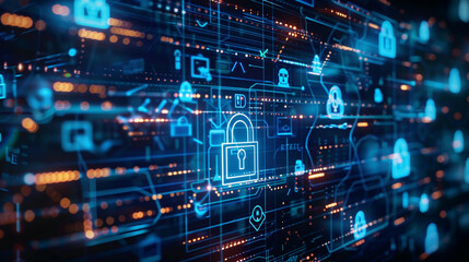 Obraz premium Lock icon representing cybersecurity and privacy businessmen protecting data on laptops internet network security technology blue virtual interfaces 