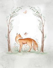 Woodland cartoon Animals watercolor illustration template. Pre made frame for baby shower, birthday invitation kids baby deer, fox in the forest. Cute bear, rabbit and birds © kris_art