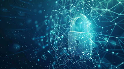 Fototapeta premium Lock symbol in a digital network made of lines and triangles blue background with glowing points cyber security theme futuristic design 
