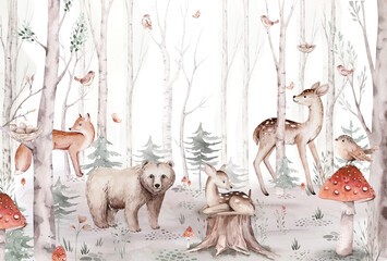 Woodland cartoon Animals watercolor illustration template. Pre made frame for baby shower, birthday invitation kids baby deer, fox in the forest. Cute bear, rabbit and birds
