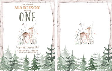 Woodland cartoon Animals watercolor illustration template. Pre made frame for baby shower, birthday invitation kids baby deer, fox in the forest. Cute bear, rabbit and birds