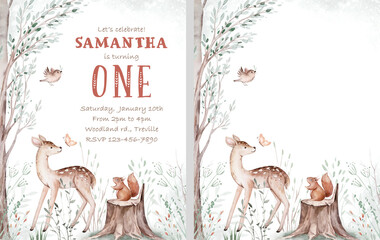 Woodland cartoon Animals watercolor illustration template. Pre made frame for baby shower, birthday invitation kids baby deer, fox in the forest. Cute bear, rabbit and birds