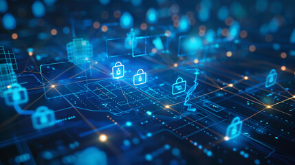 Obraz premium Mixed media depiction of network security and privacy crime combining digital lock icons and ominous tech elements blue background with dark accents representing cybersecurity threats 