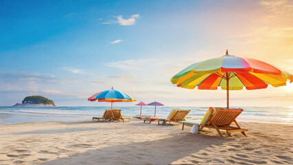 A summer beach scene at sunrise, with sand, gentle waves lapping at the shore, and colorful beach umbrellas.