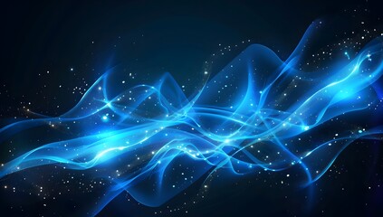 Abstract blue wave background with dots and lines, glowing effect on dark black backdrop for design banner or cover

