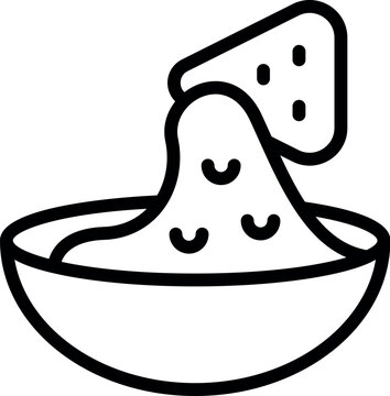 recommend clip art: Black and white line art illustration of a bowl of nacho cheese dip with a chip