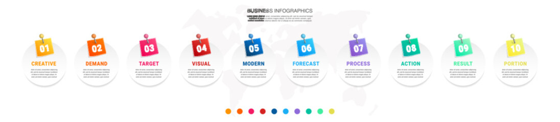 Vector infographic design template. Modern timeline concept with ten steps, circles. Vector illustration used for diagram, workflow layout, banner, web-design