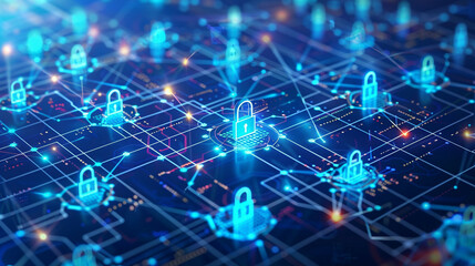 Obraz premium Network protection and cyber technology security illustration with lock symbol and interconnected digital elements modern blue background 