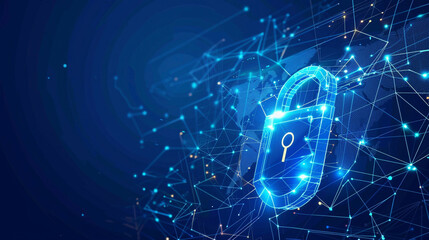 Network protection and cyber technology security  illustration with lock symbol and interconnected digital elements modern blue background 