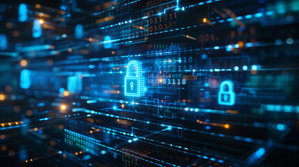 Naklejka premium Network protection and safety concept featuring digital lock and network connections blue tech-themed background modern and secure design 